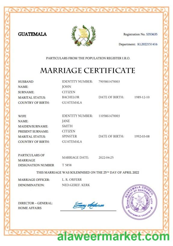 Guatemala marriage certificate Word and PDF template